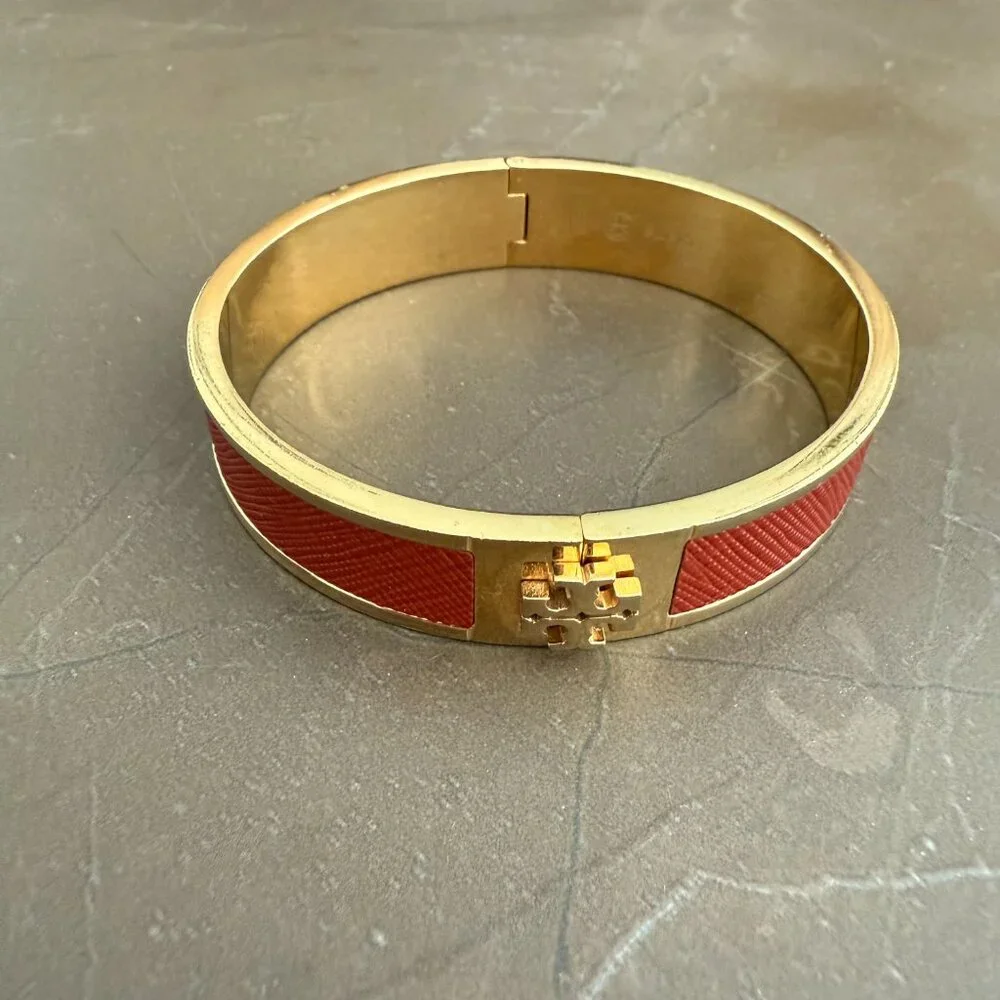 Tory Burch Leather Inlay Hinged Bangle Bracelet - Picture 8 of 10